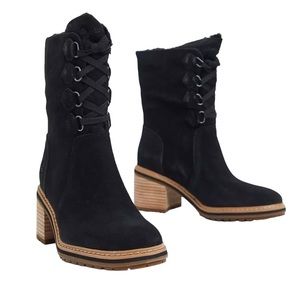 Timberland Sienna Heeled Hiker Boots Black Suede Leather Faux Shearling Size 8.5